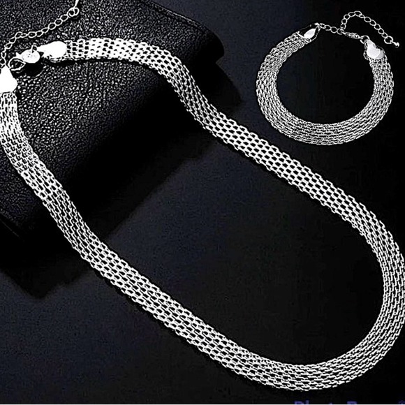 Sterling Silver Mesh Lattice 10mm Trendy Necklace Bracelet Set - Picture 1 of 6